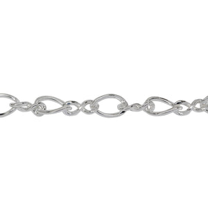 Sterling Silver 5.5mm Width by 8.2mm Length Flat Oval Curb Link connected to 3.8mm Width by 8.0mm Length Figure 8 Link, Figure 8 Chain. Price per: 1 Foot.