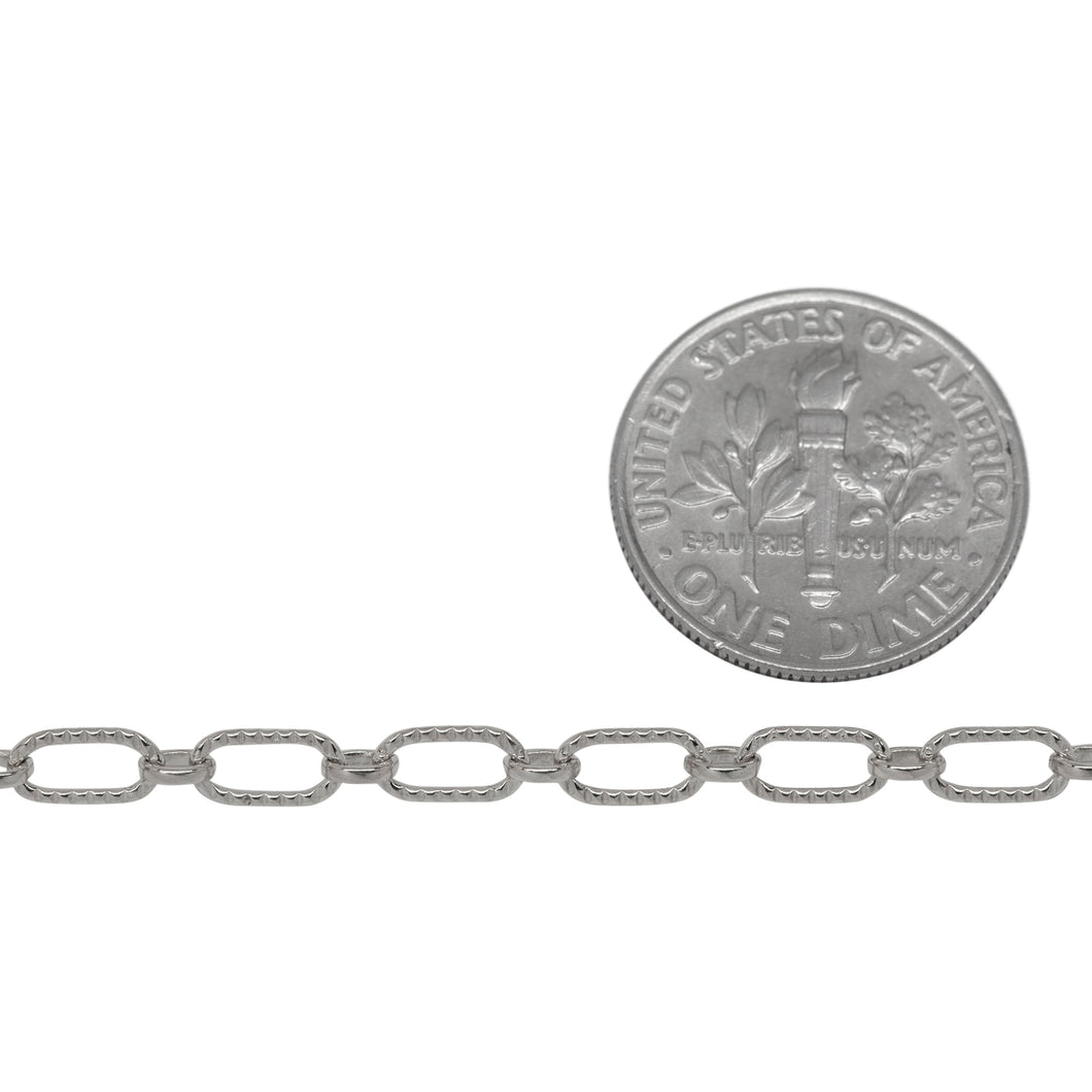 Sterling Silver One of 3.2mm Width by 6.3mm Length Corrugated Elongated Oval Link Followed by One of 2.6mm Width by 3.1mm Length Smaller Smooth Oval Link, Long and Short Chain. Price per: 1 Foot.