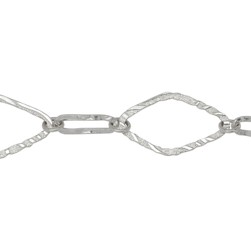 Chain by Foot. Sterling Silver 16.1mm Width 28.2mm Length Hammered Diamond Shaped Link Followed by 5.0mm Width by 15.7mm Length Hammered Elongated Oval Link Connected by 5.6mm Closed Ring, Fancy Long and Short Chain. Price per: 1 Foot.