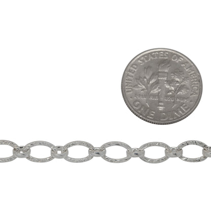 Sterling Silver 4.8mm Width by 7.2mm Length, Hammered Oval Links Followed by 3.75mm Width / Length Rolo Links, Hammered Long and Short Chain. Price per: 1 Foot.