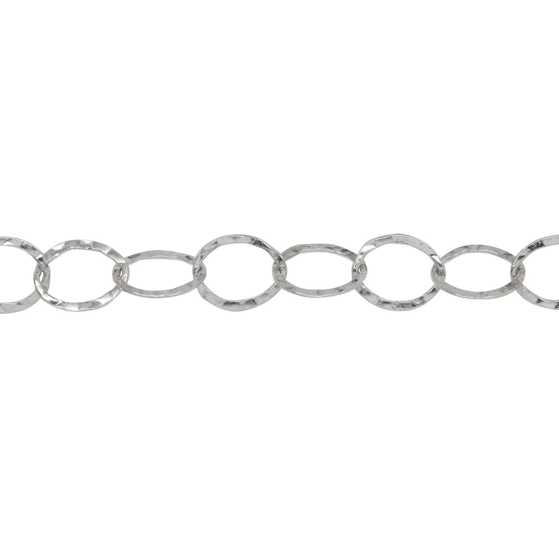 Chain by Foot. Sterling Silver 6.2mm Width by 7.7mm Length, Hammered Oval Cable Chain. Price per: 1 Foot.