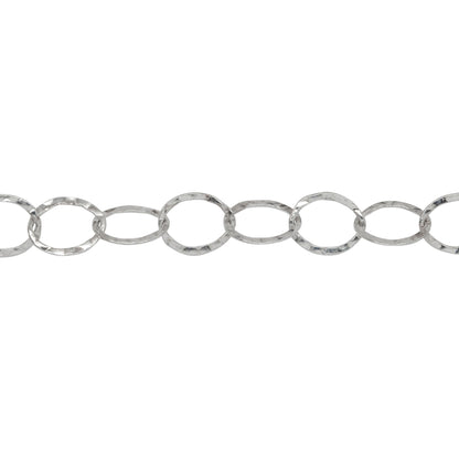 Chain by Foot. Sterling Silver 6.2mm Width by 7.7mm Length, Hammered Oval Cable Chain. Price per: 1 Foot.