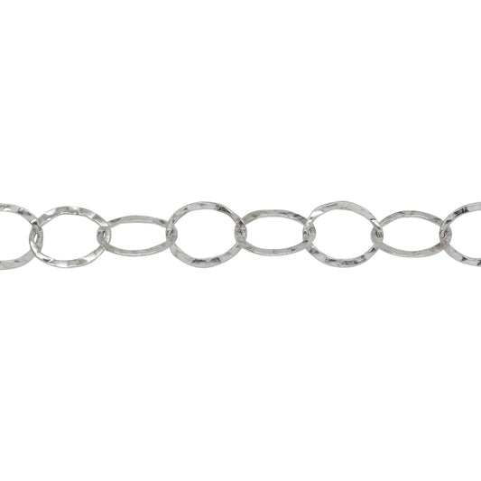 Chain by Foot. Sterling Silver 6.2mm Width by 7.7mm Length, Hammered Oval Cable Chain. Price per: 1 Foot.