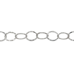 Chain by Foot. Sterling Silver 6.2mm Width by 7.7mm Length, Hammered Oval Cable Chain. Price per: 1 Foot.
