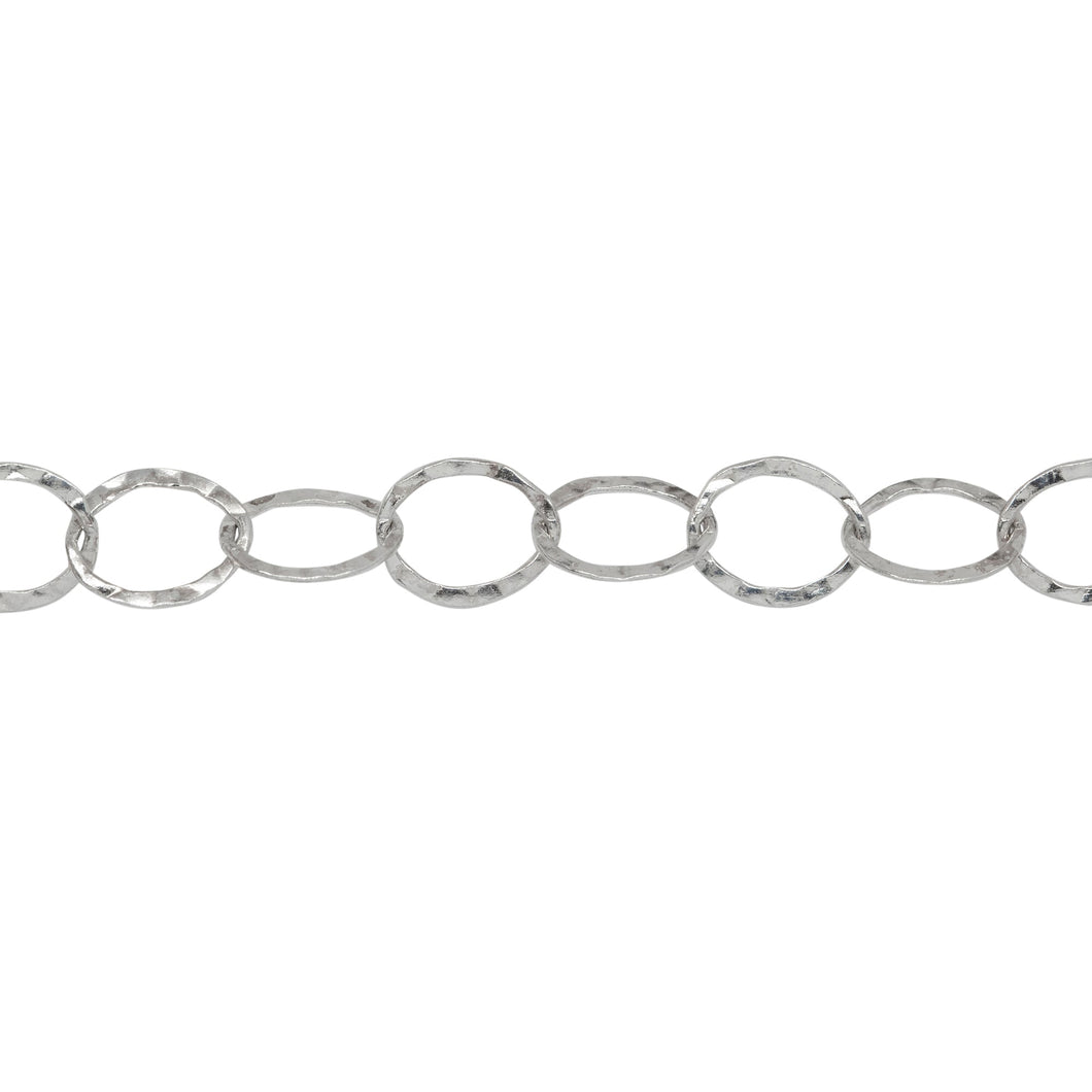 Chain by Foot. Sterling Silver 6.2mm Width by 7.7mm Length, Hammered Oval Cable Chain. Price per: 1 Foot.