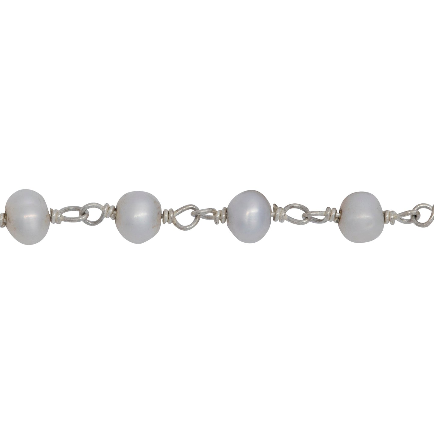 Chain by Foot. Brass Silver Plated 4.27mm Width by 3.51mm Length Natural White Potato Pearl Chain. Price per: 1 Inch.