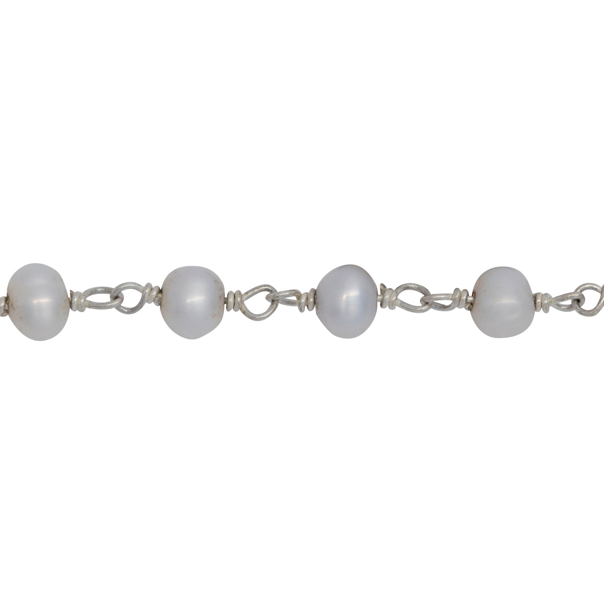 Chain by Foot. Brass Silver Plated 4.27mm Width by 3.51mm Length Natural White Potato Pearl Chain. Price per: 1 Inch.