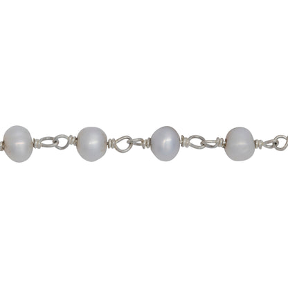 Chain by Foot. Brass Silver Plated 4.27mm Width by 3.51mm Length Natural White Potato Pearl Chain. Price per: 1 Inch.