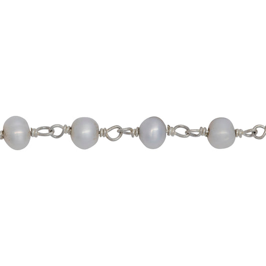 Chain by Foot. Brass Silver Plated 4.27mm Width by 3.51mm Length Natural White Potato Pearl Chain. Price per: 1 Inch.