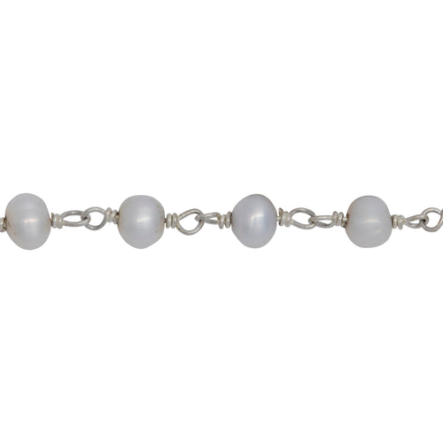 Chain by Foot. Brass Silver Plated 4.27mm Width by 3.51mm Length Natural White Potato Pearl Chain. Price per: 1 Inch.