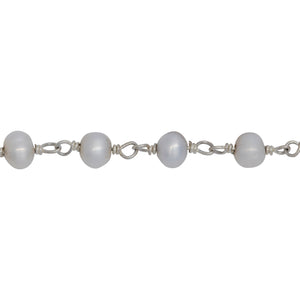 Chain by Foot. Brass Silver Plated 4.27mm Width by 3.51mm Length Natural White Potato Pearl Chain. Price per: 1 Inch.