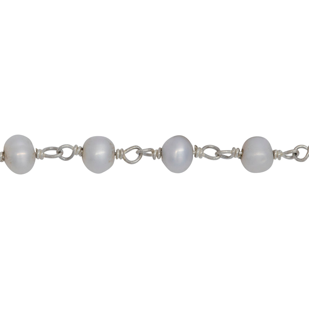 Chain by Foot. Brass Silver Plated 4.27mm Width by 3.51mm Length Natural White Potato Pearl Chain. Price per: 1 Inch.