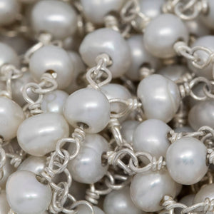 Brass Silver Plated 4.27mm Width by 3.51mm Length Natural White Potato Pearl Chain. Price per: 1 Inch.