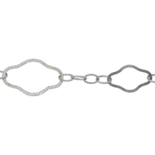 Chain by Foot. Sterling Silver Four of 6.6mm width by 10.5mm length, Oval Cable Links Followed by 23.8 width by 38.7mm length Hammered Oval Links and 17.5mm width by 29.3mm length Flat Oval Links Alternately, Long and Short Chain. Price per: 1 Inch.