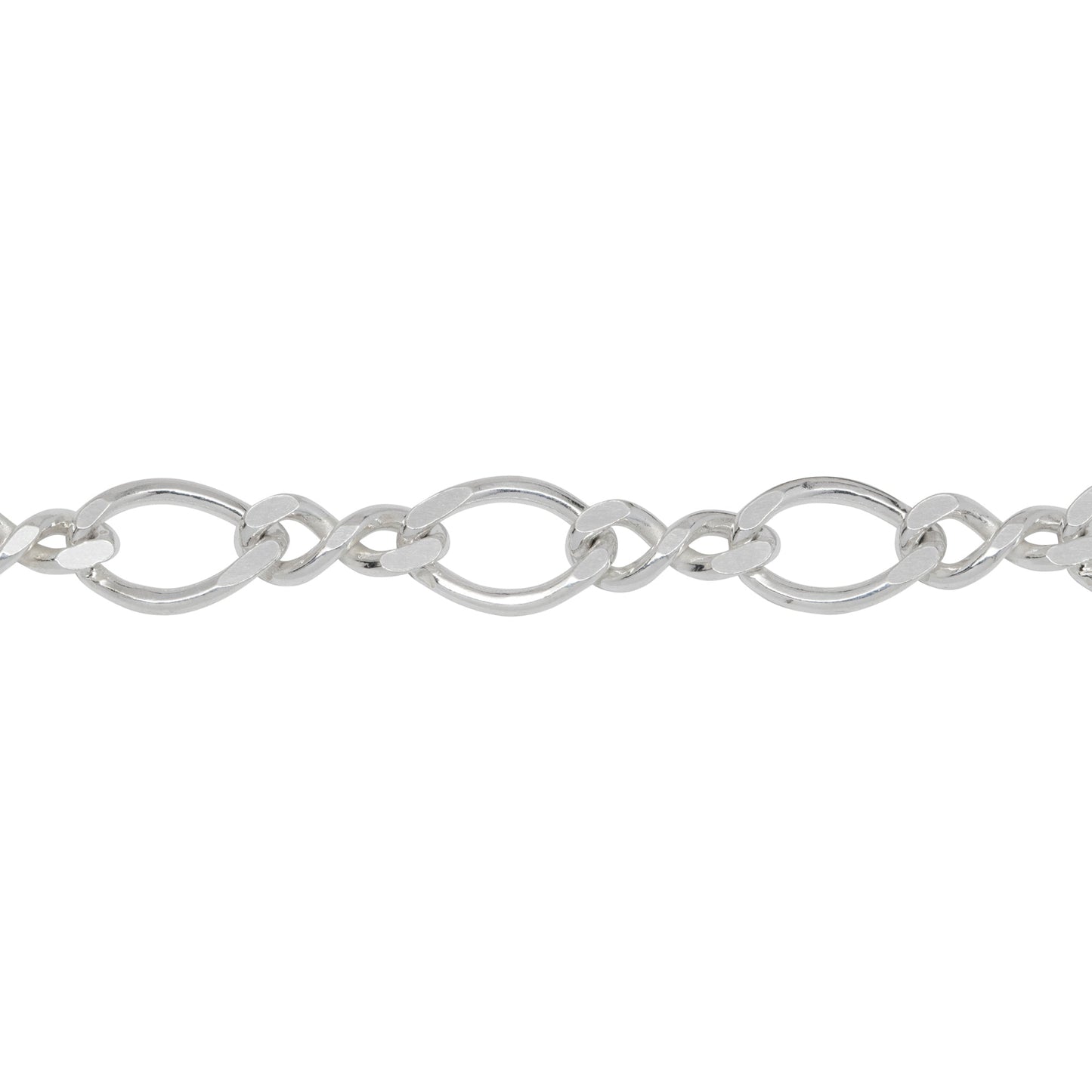 Chain by Foot. Sterling Silver 6.6mm Width by 9.8mm Length Flat Oval Curb Link Connected To 4.2mm Width by 9.7mm Length Figure 8 Link, Figure 8 Chain. Price per: 1 Foot.