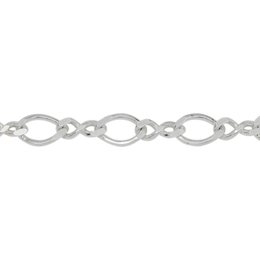 Chain by Foot. Sterling Silver 6.6mm Width by 9.8mm Length Flat Oval Curb Link Connected To 4.2mm Width by 9.7mm Length Figure 8 Link, Figure 8 Chain. Price per: 1 Foot.