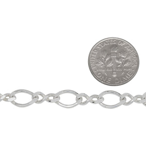 Sterling Silver 6.6mm Width by 9.8mm Length Flat Oval Curb Link Connected To 4.2mm Width by 9.7mm Length Figure 8 Link, Figure 8 Chain. Price per: 1 Foot.