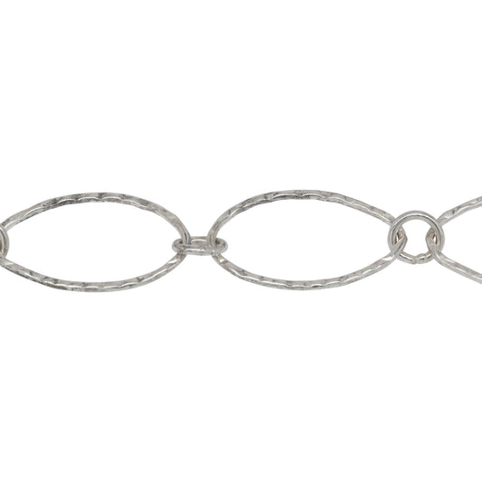 Chain by Foot. Sterling Silver 12.2mm Width by 20.3mm Length Hammered Oval Link Followed by 5.8mm Width / Length Smooth Close Ring, Long and Short Chain. Price per: 1 Foot.
