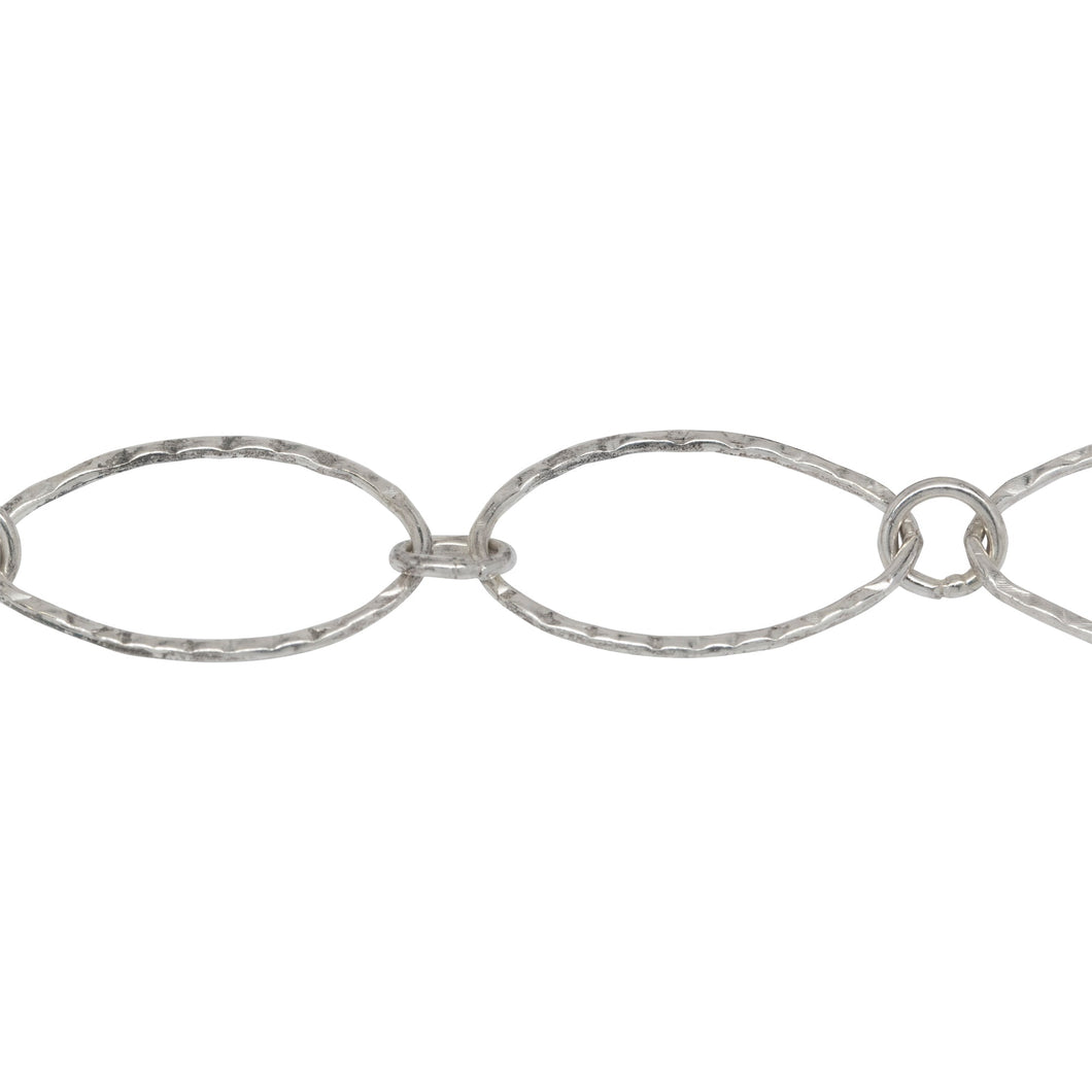 Chain by Foot. Sterling Silver 12.2mm Width by 20.3mm Length Hammered Oval Link Followed by 5.8mm Width / Length Smooth Close Ring, Long and Short Chain. Price per: 1 Foot.