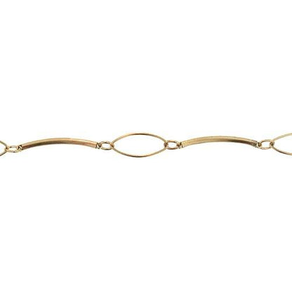 14kt Gold Filled 2.2 Width by 28.2mm Length Smooth Curved Bar Link Followed by 4.5mm Width by 5.9mm Length Smooth Oval Link and 8.8mm Width by 20.5mm Length Smooth Marquise Shape Link, Bar Chain. Price per: 1 Foot.