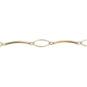 14kt Gold Filled 2.2 Width by 28.2mm Length Smooth Curved Bar Link Followed by 4.5mm Width by 5.9mm Length Smooth Oval Link and 8.8mm Width by 20.5mm Length Smooth Marquise Shape Link, Bar Chain. Price per: 1 Foot.