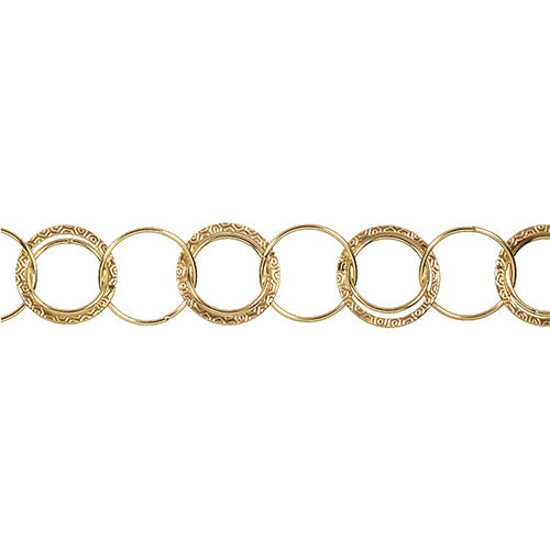 14kt Gold Filled 17.4mm Width / Length Smooth Circle Link Connected to Double 18.3mm Width / Length Textured and 14.5mm Width / Length Smooth Circle Links, Circle Chain. Price per: 1 Foot.