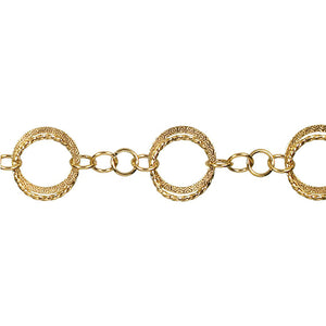 14kt Gold Filled Double 19.4mm Width / Length Textured and 20.2mm Twisted Circle Links, Followed by Four of 8.6mm Width / Length Smooth Circle Links, Circle Chain. Price per: 1 Foot.