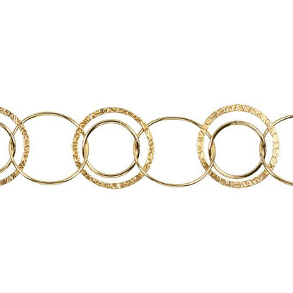 14kt Gold Filled Double 23.2mm Width / Length Textured and 17.2mm Smooth Circle Links, Connected to One of 22.9mm Width / Length Smooth Circle Link, Circle Chain. Price per: 1 Foot.