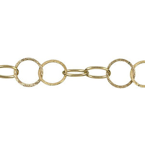 14kt Gold Filled Two of 17.30mm Width / Length Textured Circle Links Followed by Two of 9.40mm Width by 16.07mm Length Smooth Oval Links, Cable Chain. Price per: 1 Foot.