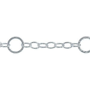 Sterling Silver 16.15mm Width / Length Textured Circle Link Followed by 7.1mm Width by 10.13mm Length Twisted Oval Link, Fancy Chain. Price per: 1 Inch.