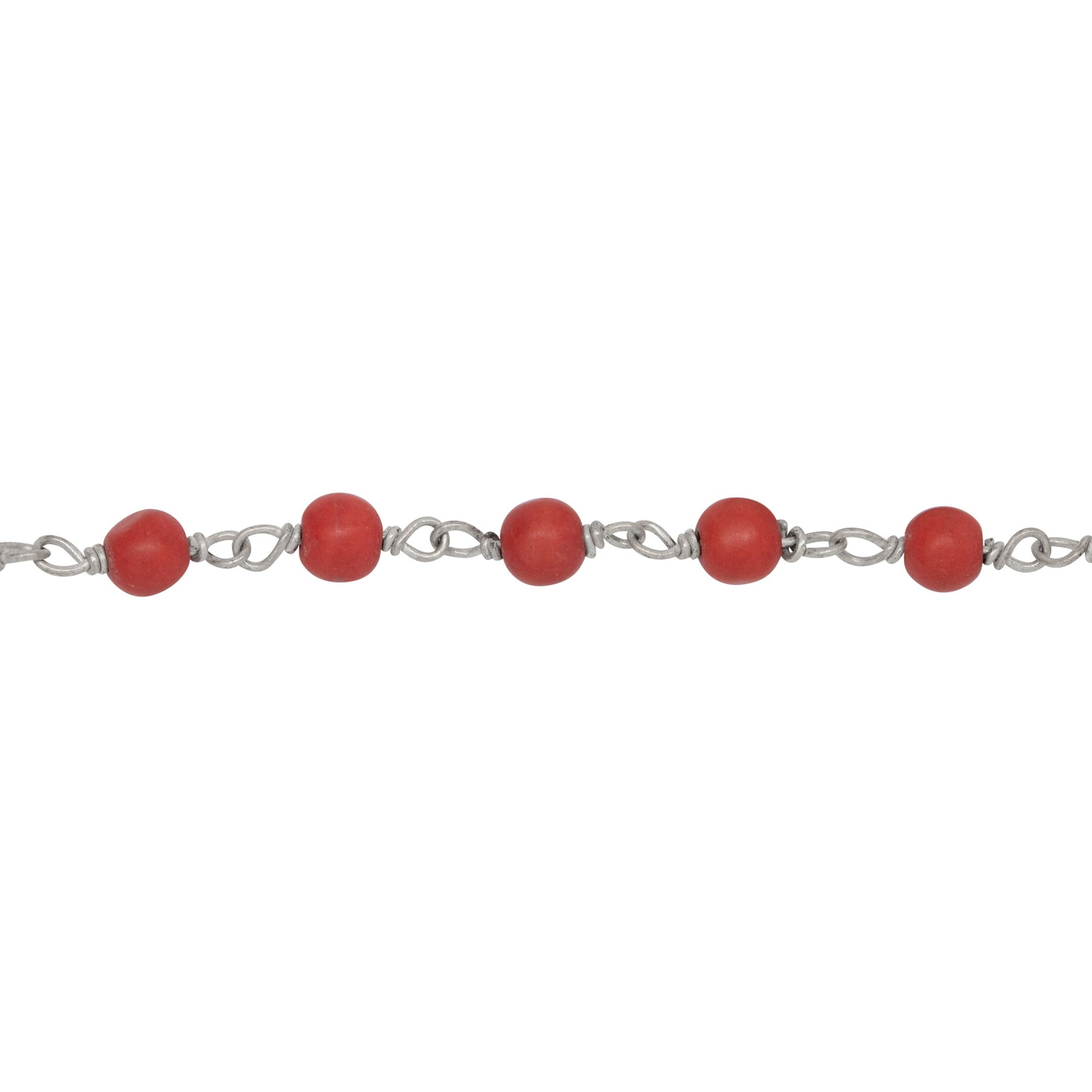 Chain by Foot. Brass Silver Plated 4.0mm Dyed Coral Gem Stone Chain. Price per: 1 Inch.