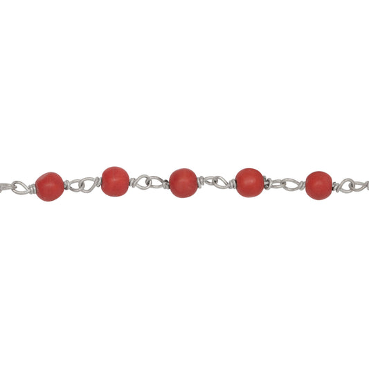Chain by Foot. Brass Silver Plated 4.0mm Dyed Coral Gem Stone Chain. Price per: 1 Inch.