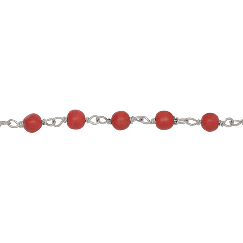 Chain by Foot. Brass Silver Plated 4.0mm Dyed Coral Gem Stone Chain. Price per: 1 Inch.