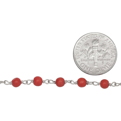 Brass Silver Plated 4.0mm Dyed Coral Gem Stone Chain. Price per: 1 Inch.