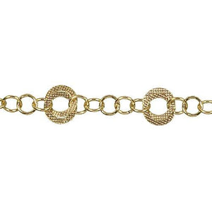 14kt Gold Filled 11.10mm Width / Length Double Textured Circle Links Followed by Five of 7.1mm Width / Length Smooth Circle Links, Circle Chain. Price per: 1 Foot.