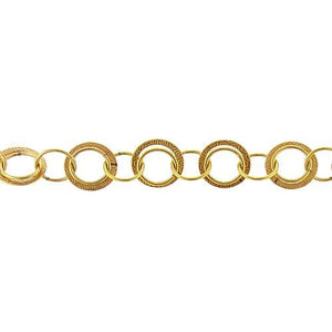 14kt Gold Filled 10.30mm Width / Length Smooth Circle Link Connected to Double 13.22mm Width / Length Textured and 10.30mm Width / Length Smooth Circle Links, Circle Chain. Price per: 1 Foot.