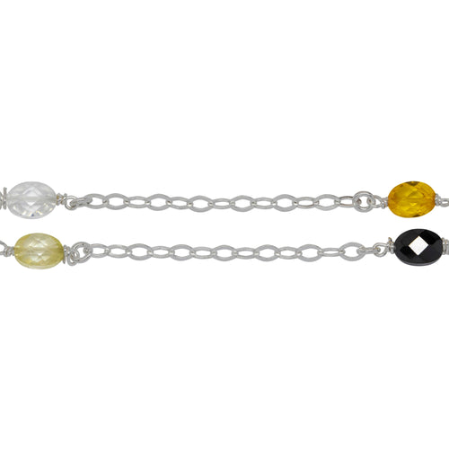 Chain by Foot. Sterling Silver Thirteen of 2.8mm Width by 4.0mm Length Flat Diamond Shaped Links With 5.0mm Width by 7.0 Length Yellow, White, Lime Green and Black CZ Wire Wrapped, Connected to Smooth Open Ring, Gem Stone Chain. Price per: 1 Inch.