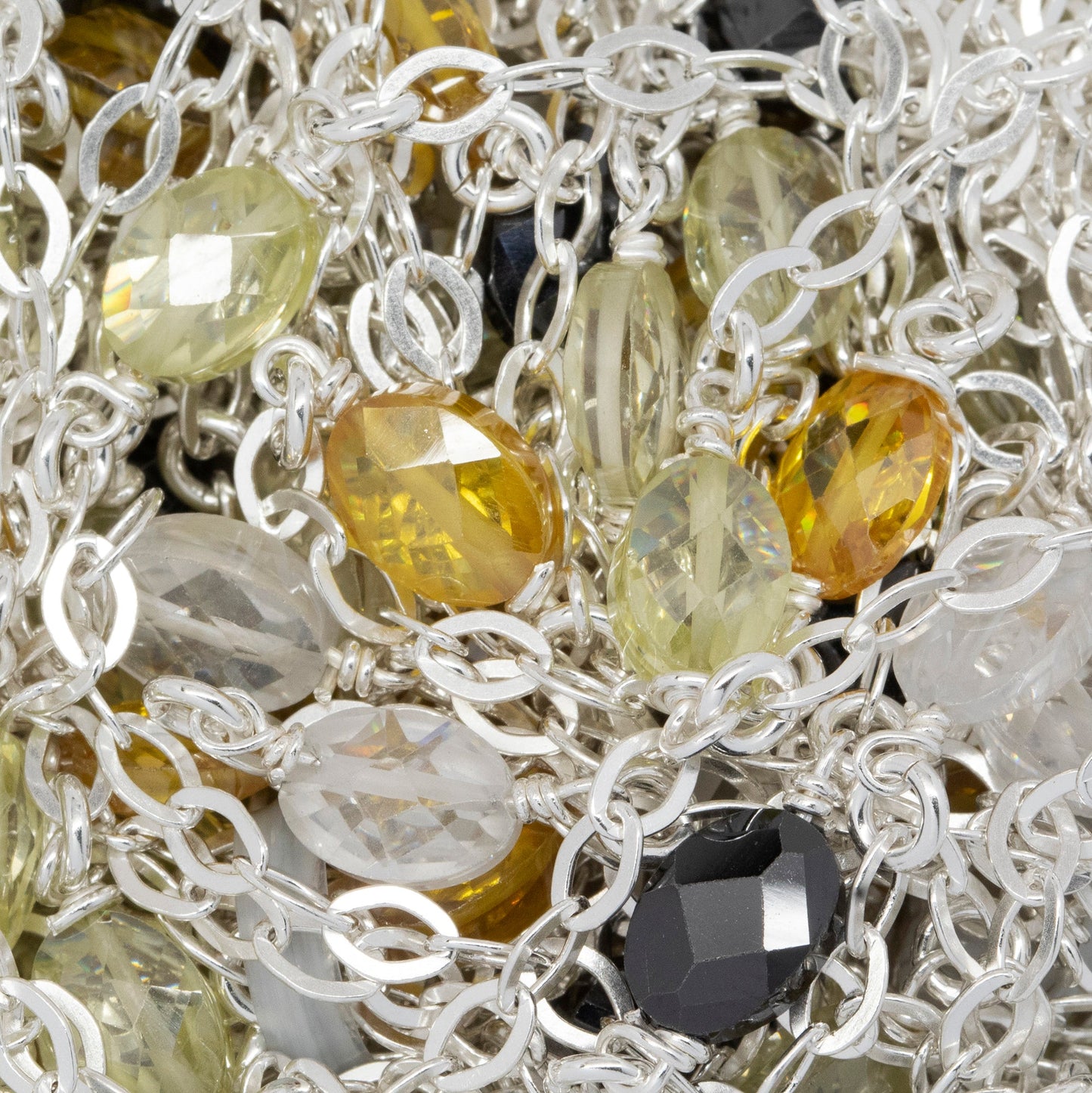 Sterling Silver Thirteen of 2.8mm Width by 4.0mm Length Flat Diamond Shaped Links With 5.0mm Width by 7.0 Length Yellow, White, Lime Green and Black CZ Wire Wrapped, Connected to Smooth Open Ring, Gem Stone Chain. Price per: 1 Inch.