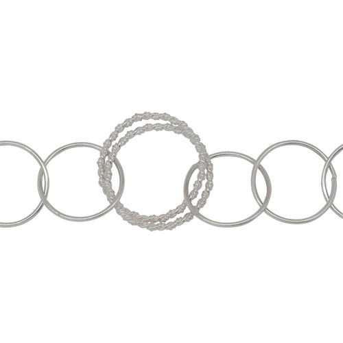 Chain by Foot. Sterling Silver 21.0mm Width / Length Double Twisted Circle Links Followed by Six of 16.8mm Width / Length Smooth Circle Links, Circle Chain. Price per: 1 Foot.