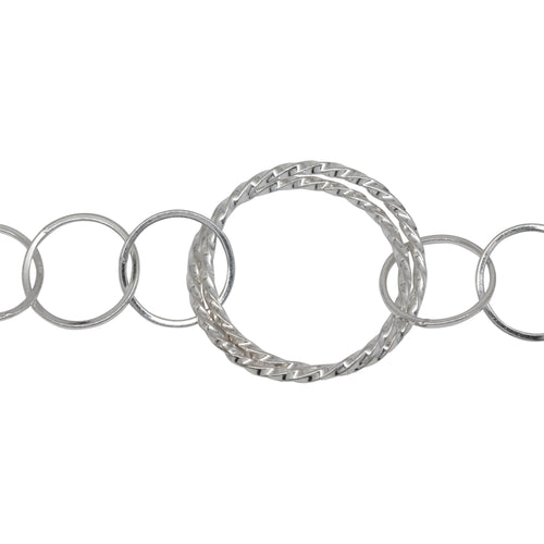 Chain by Foot. Sterling Silver 29.0mm Width / Length Double Twisted Circle Links Followed by Four of 15.0mm Width / Length Square Wire Circle Links, Circle Chain. Price per: 1 Foot.