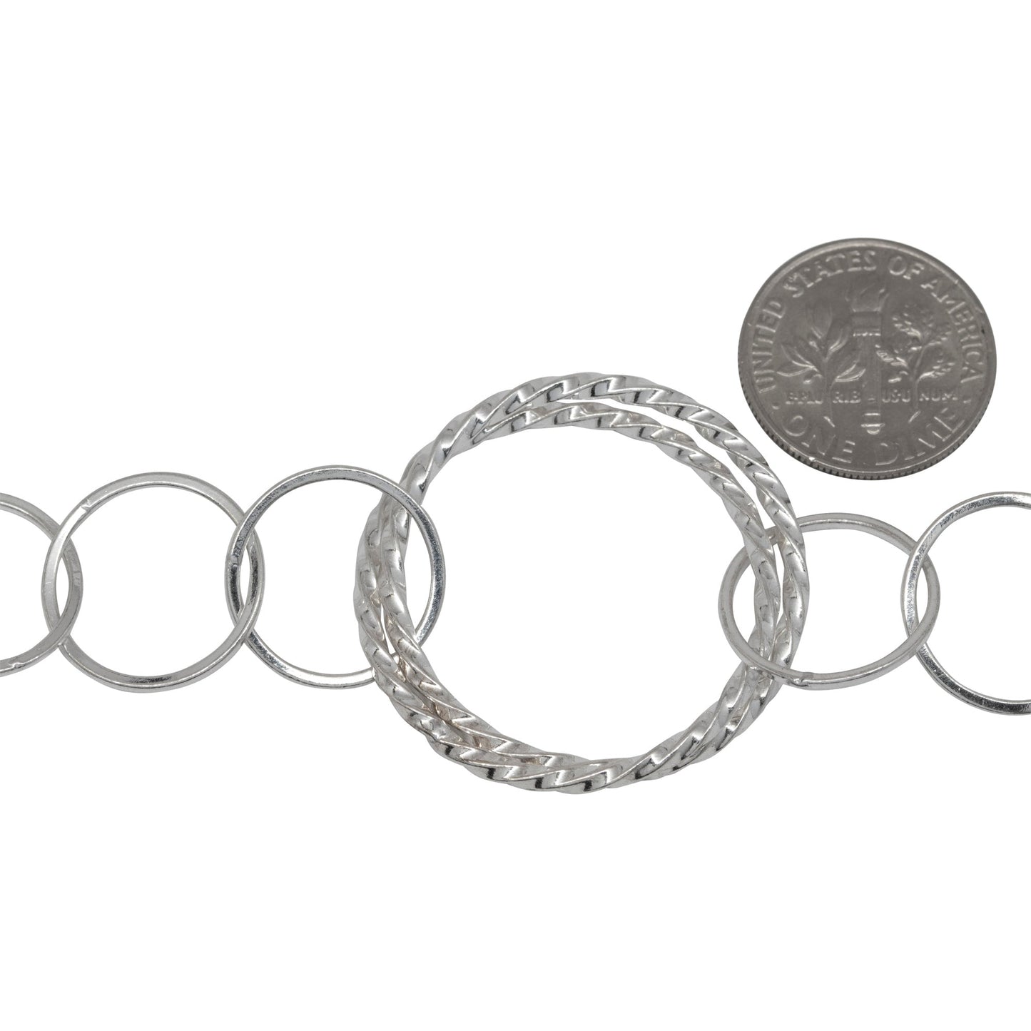 Sterling Silver 29.0mm Width / Length Double Twisted Circle Links Followed by Four of 15.0mm Width / Length Square Wire Circle Links, Circle Chain. Price per: 1 Foot.