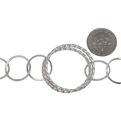 Sterling Silver 29.0mm Width / Length Double Twisted Circle Links Followed by Four of 15.0mm Width / Length Square Wire Circle Links, Circle Chain. Price per: 1 Foot.