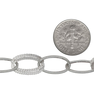 Sterling Silver 8.6mm Width by 15.0 Length Double Textured Oval Links Followed by Two of 8.7mm Width by 15.4mm Length Smooth Oval Links, Cable Chain. Price per: 1 Foot.