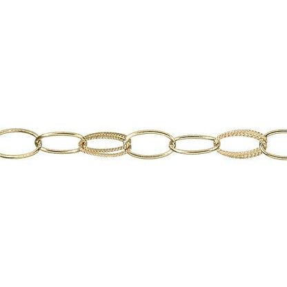 14kt Gold Filled 8.6mm Width by 15.0 Length Double Textured Oval Links Followed by Two of 8.7mm Width by 15.4mm Length Smooth Oval Links, Cable Chain. Price per: 1 Foot.