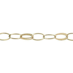 14kt Gold Filled 8.6mm Width by 15.0 Length Double Textured Oval Links Followed by Two of 8.7mm Width by 15.4mm Length Smooth Oval Links, Cable Chain. Price per: 1 Foot.