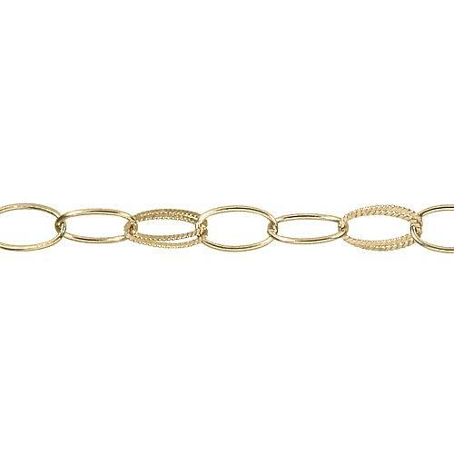 14kt Gold Filled 8.6mm Width by 15.0 Length Double Textured Oval Links Followed by Two of 8.7mm Width by 15.4mm Length Smooth Oval Links, Cable Chain. Price per: 1 Foot.