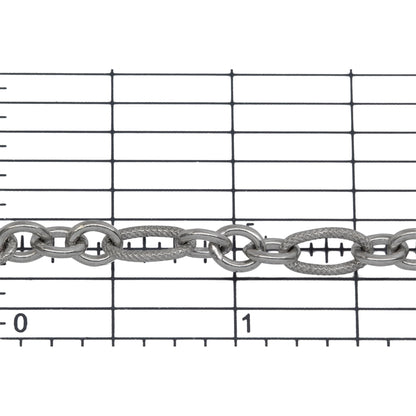 Sterling Silver Rhodium Plated 5.08mm Width by 9.84mm Length Larger Textured Oval Link Followed by Three of 4.9mm Width by 6.09mm Length Smaller Smooth Oval Links, Long and Short Chain. Price per: 1 Foot.