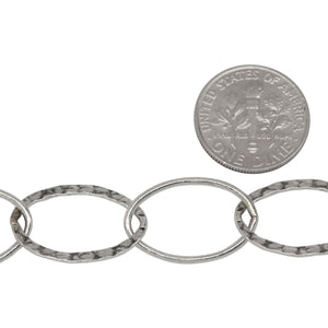 Sterling Silver Oxidized 13.8mm Width by 20.0mm Length Smooth Oval Link Followed by 14.0mm Width by 20.6mm Length Hammered Oval Link, Cable Chain. Price per: 1 Foot.