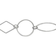 Load image into Gallery viewer, Chain by Foot. Sterling Silver 22.0mm Textured Circle Link Followed by 11.2mm Width by 31.1mm Length Textured Oval Link and 15.4mm Width by 25.5mm Length Textured Diamond Shaped Link, Connected by 4.9mm by 6.2mm Smooth Oval Link, Fancy Chain. Price per: 1 Inch.
