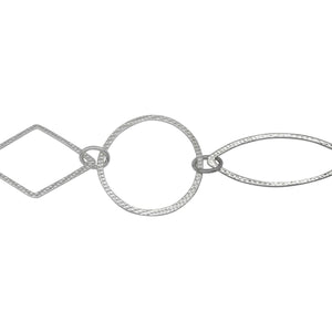 Chain by Foot. Sterling Silver 22.0mm Textured Circle Link Followed by 11.2mm Width by 31.1mm Length Textured Oval Link and 15.4mm Width by 25.5mm Length Textured Diamond Shaped Link, Connected by 4.9mm by 6.2mm Smooth Oval Link, Fancy Chain. Price per: 1 Inch.